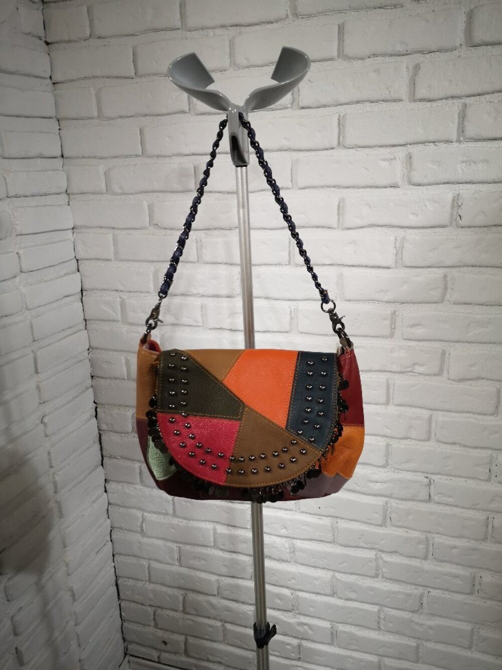 Ameri-Leather Multi Colored Patchwork Crossbody Adjustable Chain & Leather Strap